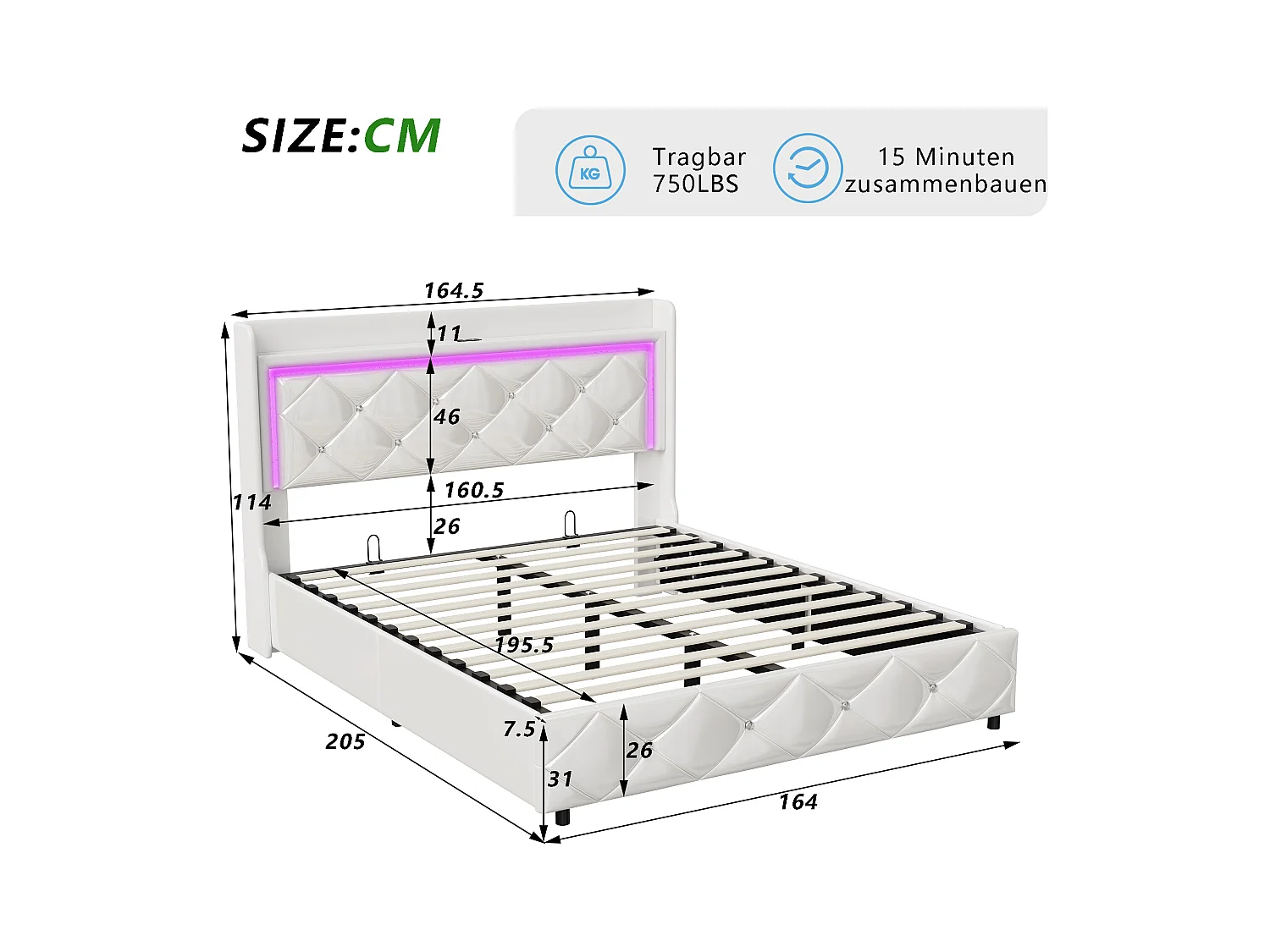 Lit Rembourré 160x200cm Avec USB, Lit Double, Lit Rangement Avec LED,simili Cuir, Cadre De Lit,blanc