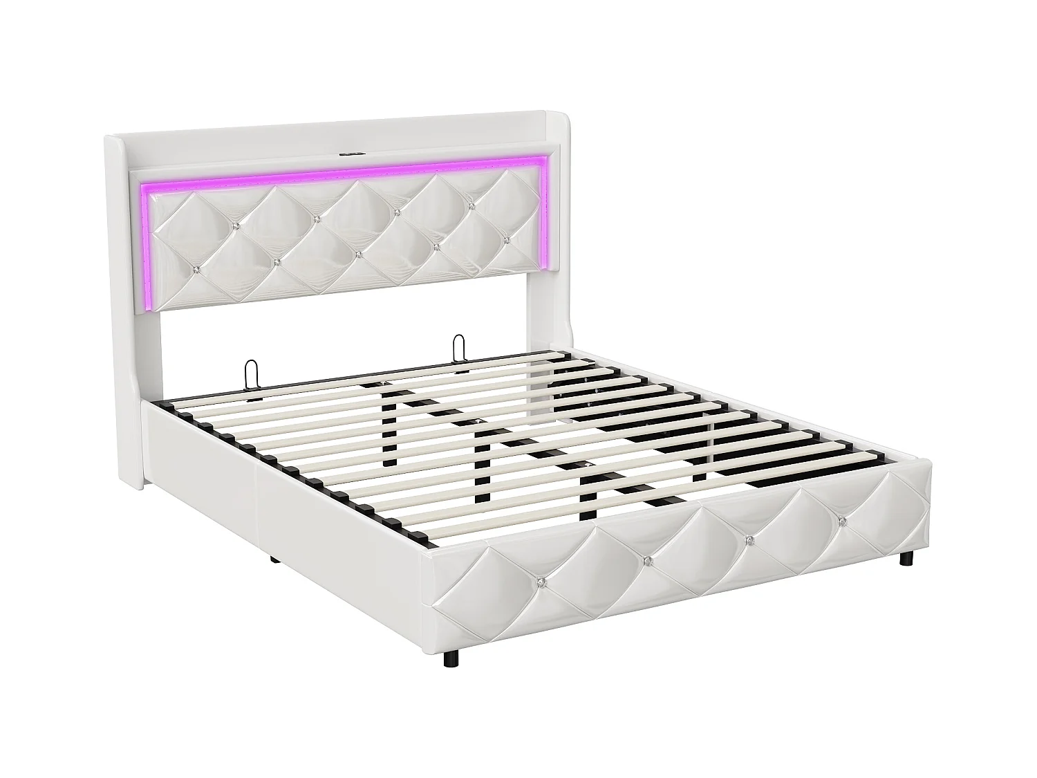 Lit Rembourré 160x200cm Avec USB, Lit Double, Lit Rangement Avec LED,simili Cuir, Cadre De Lit,blanc