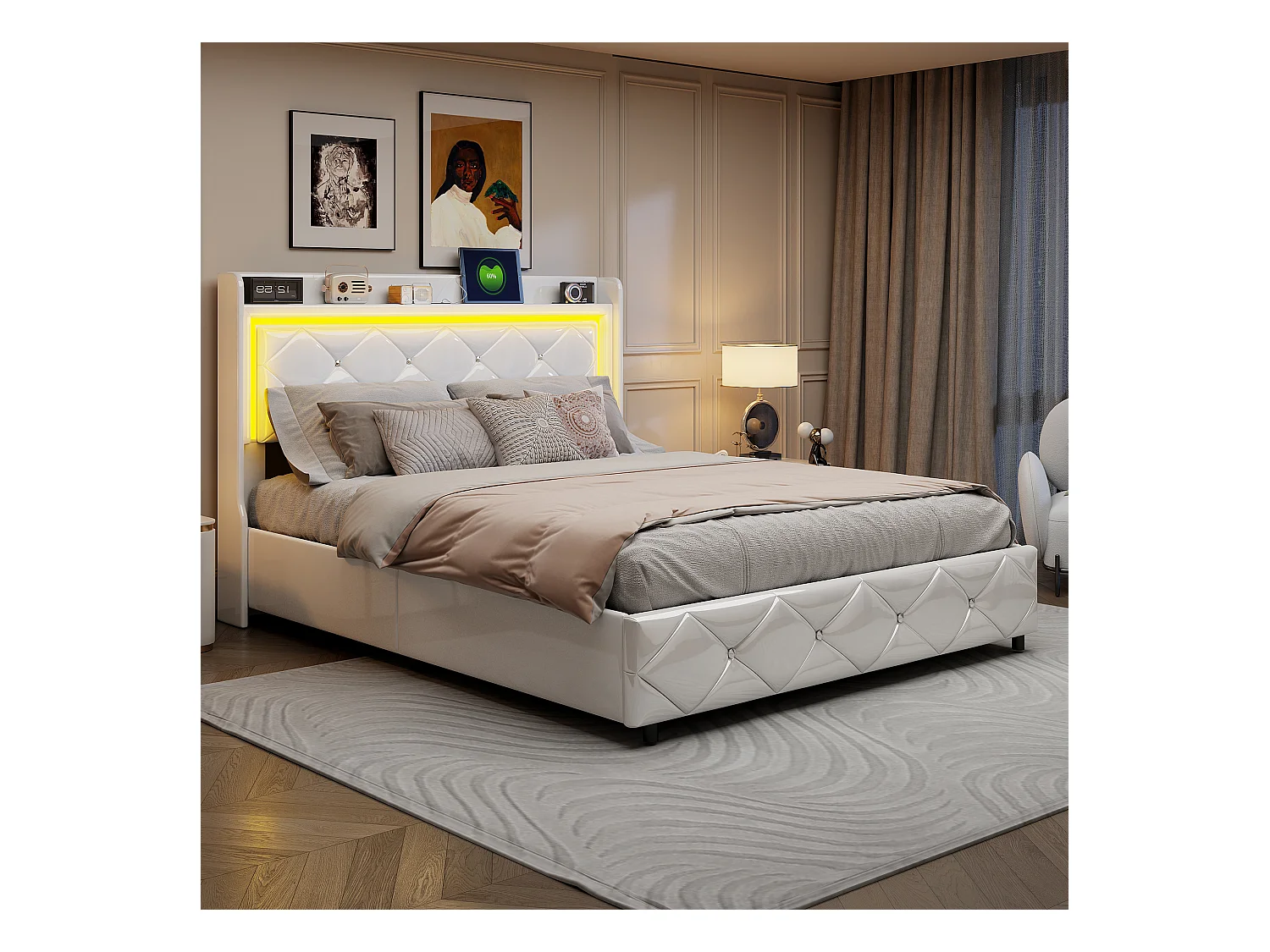 Lit Rembourré 160x200cm Avec USB, Lit Double, Lit Rangement Avec LED,simili Cuir, Cadre De Lit,blanc