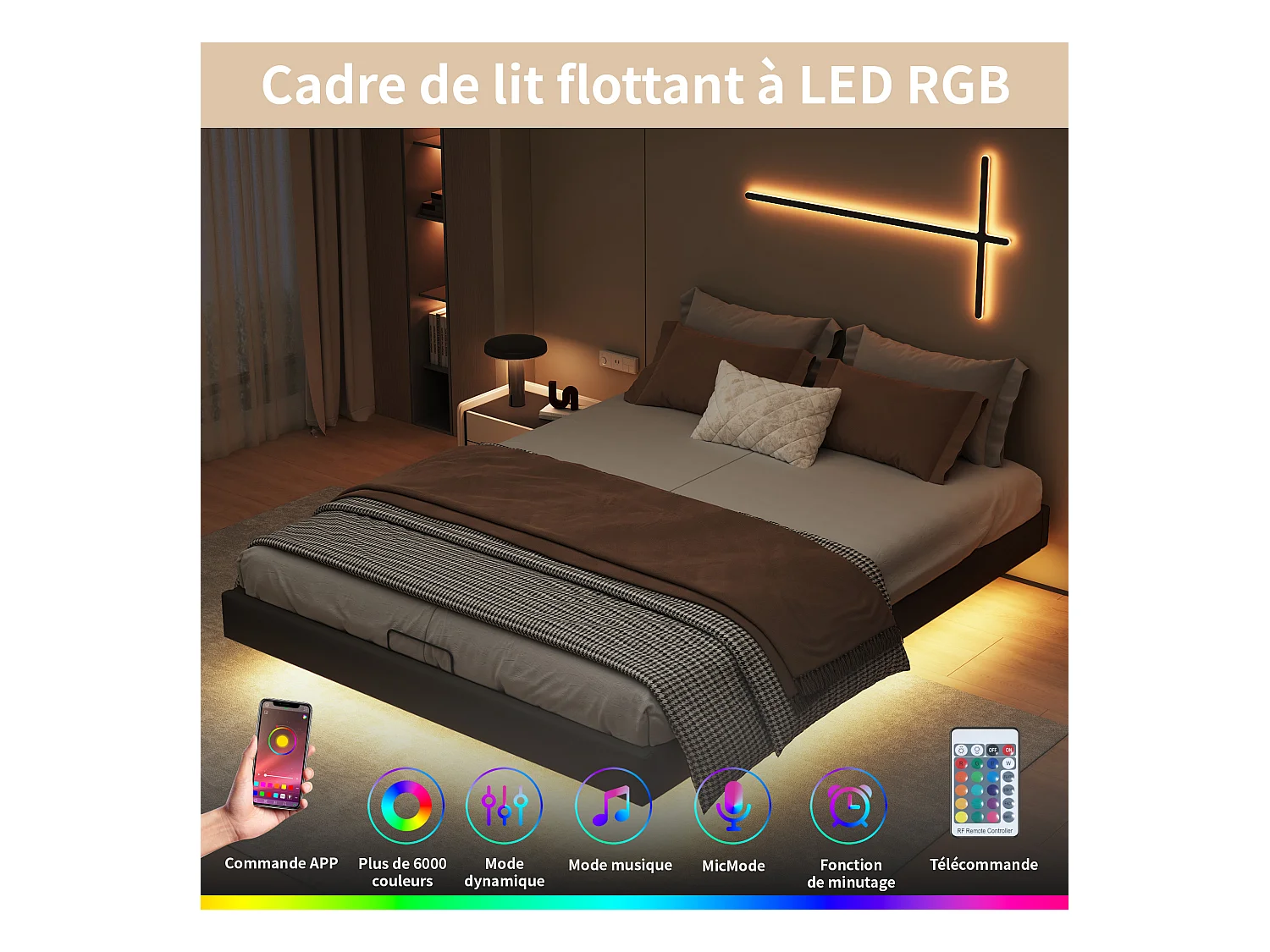 Cadre De Lit 160 X 200 Cm Avec Sommier, Lit Double Avec LED, Cachées Jambes, Noir