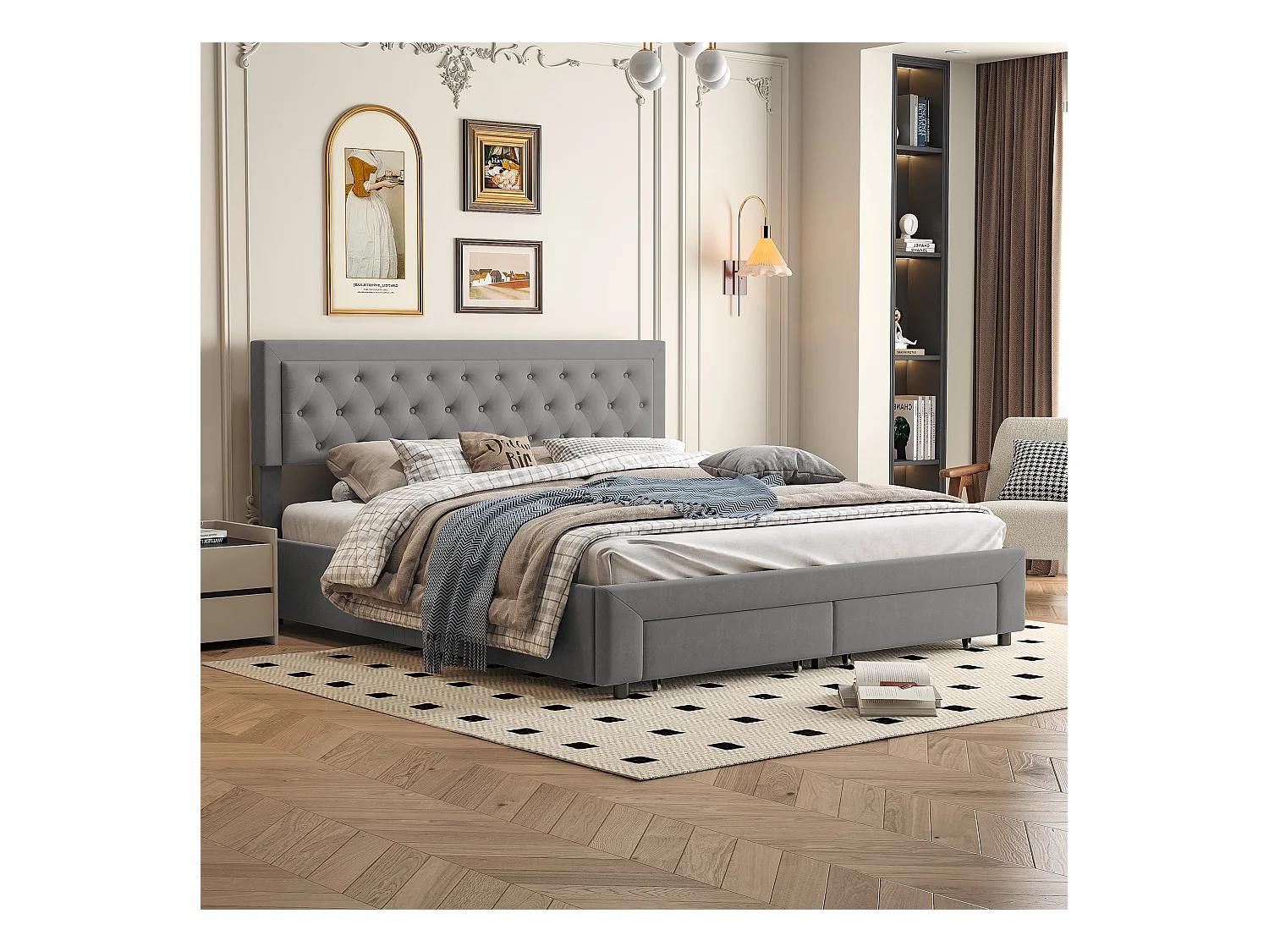 180x200 opbergbed met lades, gestoffeerd bed met lattenbodem, tweepersoonsbed, fluweel, grijs