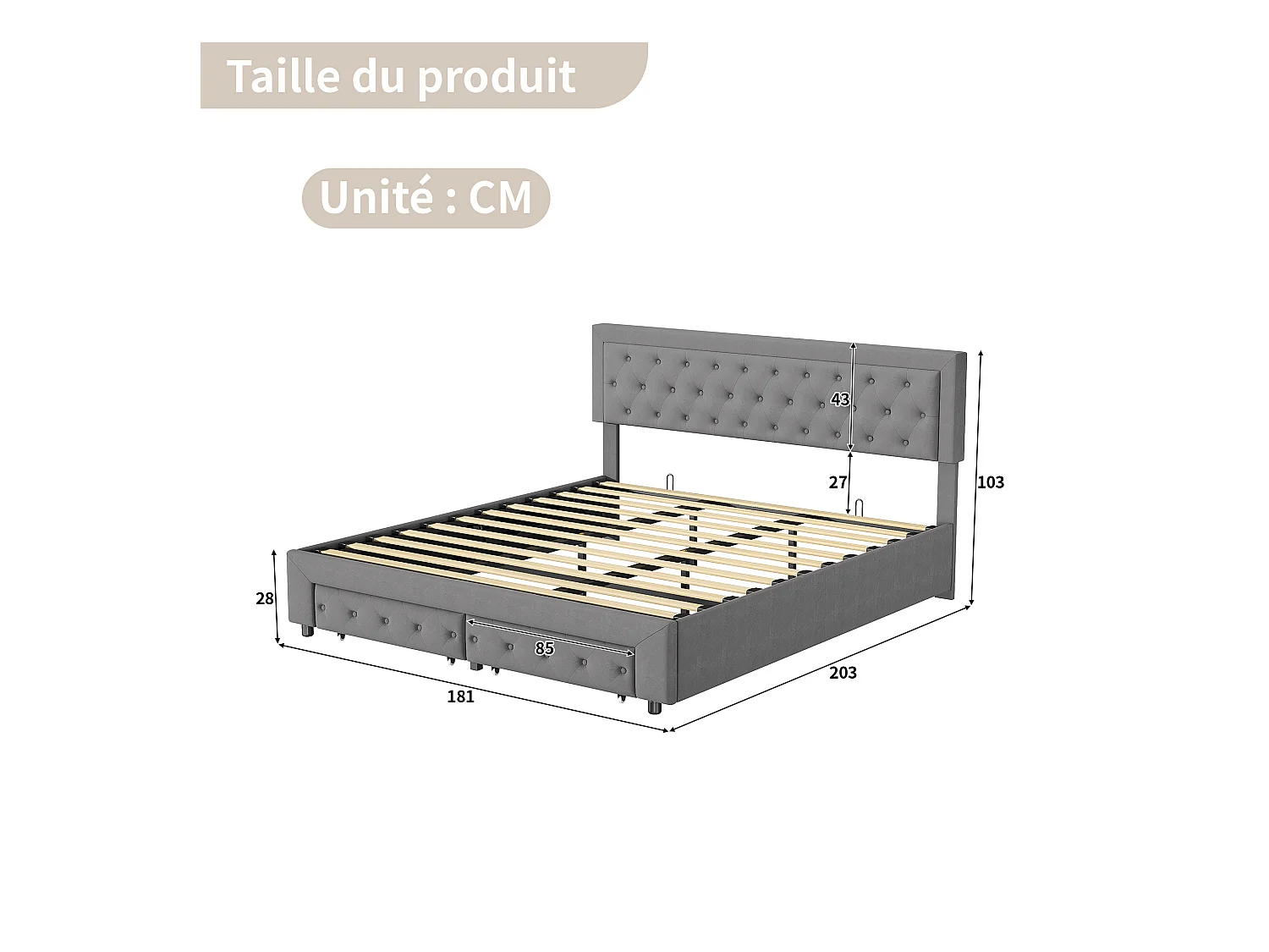 180x200 opbergbed met lades, gestoffeerd bed met lattenbodem, tweepersoonsbed, fluweel, grijs