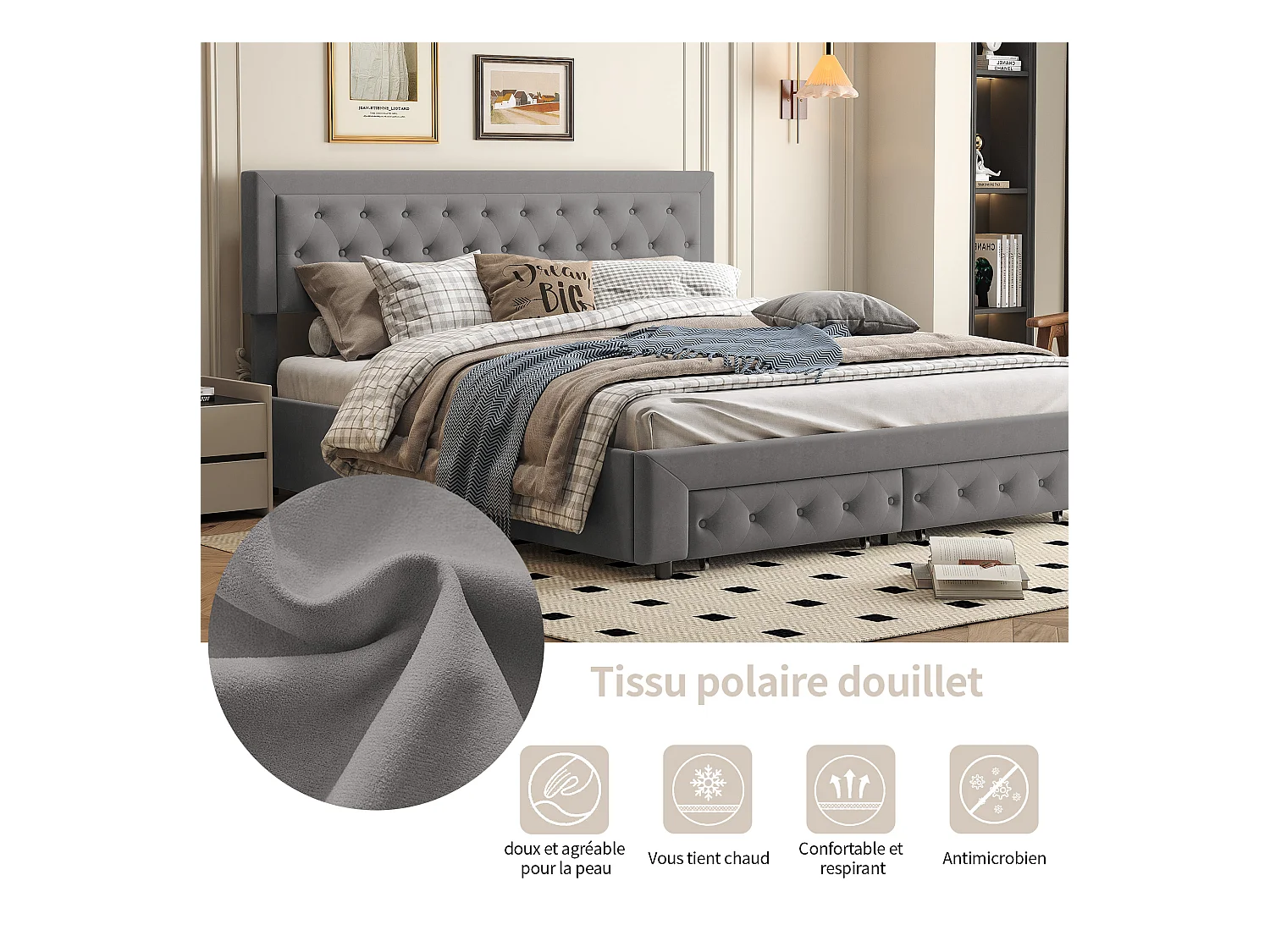 180x200 opbergbed met lades, gestoffeerd bed met lattenbodem, tweepersoonsbed, fluweel, grijs