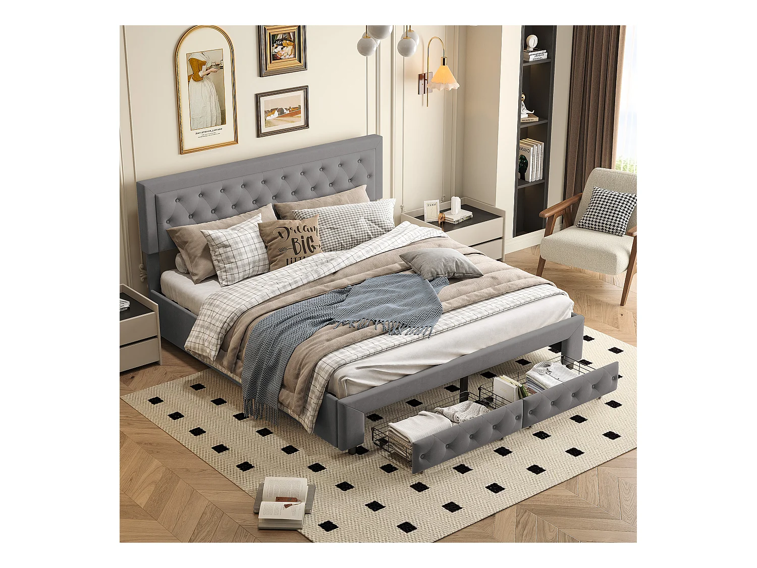 Lit Coffre 180x200 Avec Tiroirs, Lit Capitonné Avec Sommier à Lattes, Lit Double, Velours, Gris