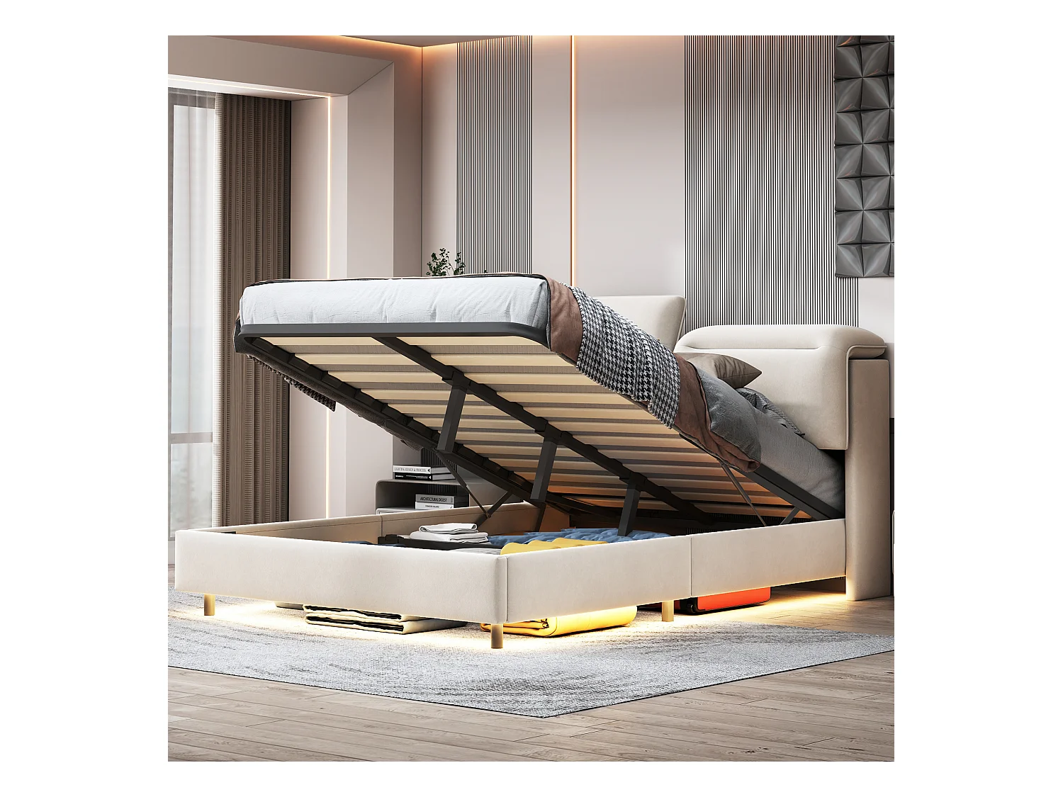 Cama com arrumação 160x200 cm com LED, cabeceira dobrável, hidráulica, veludo, bege