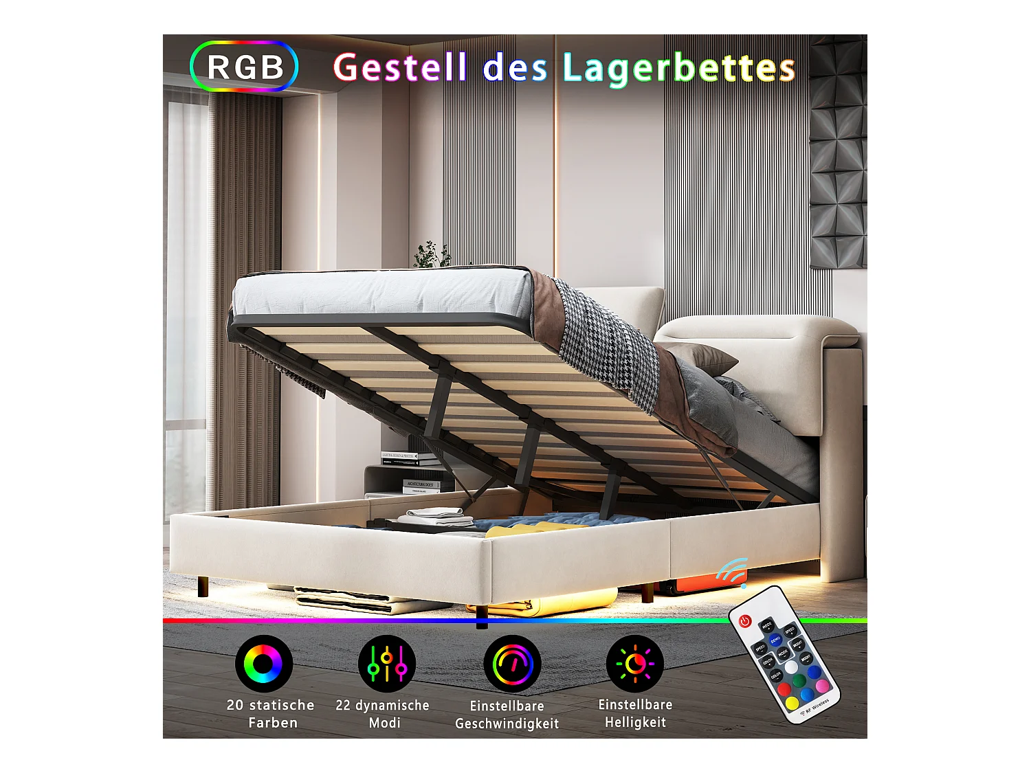 Letto contenitore 160x200 cm con LED, testiera pieghevole, idraulico, velluto, beige