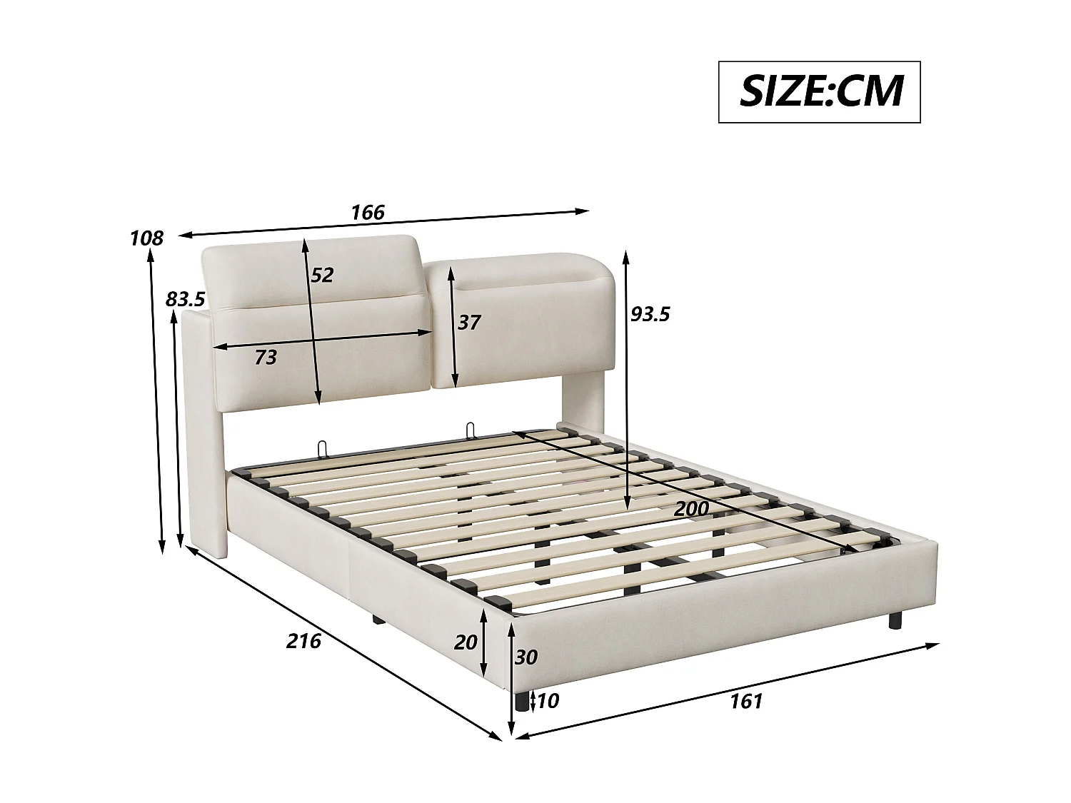 Opbergbed 160x200 cm met LED, hoofdeinde opvouwbaar, hydraulisch, fluweel, beige