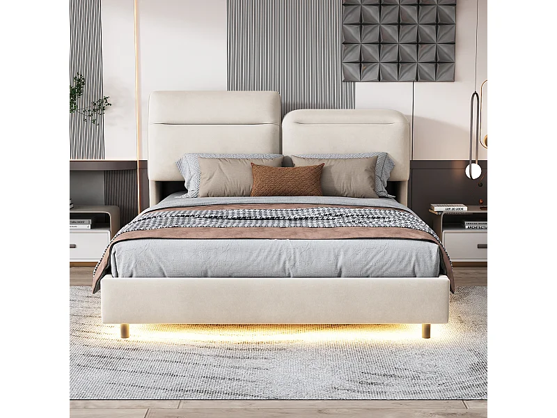 Lit Coffre 160x200 Cm Avec LED, Tête De Lit Est Pliable ,hydraulique, Velours, Beige