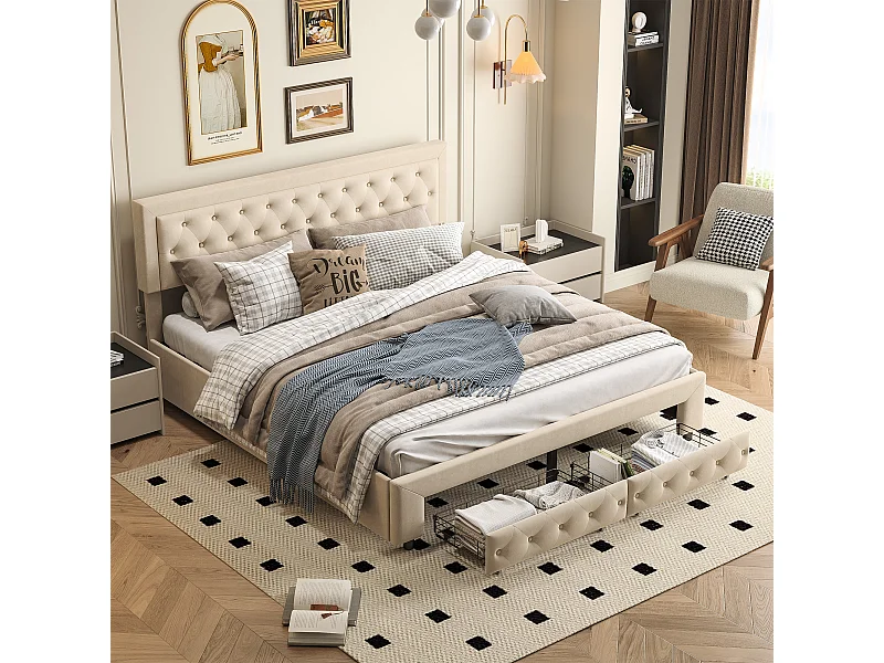 Letto matrimoniale 160 x 200 cm con contenitore e cassetti, velluto, rete a doghe, letto idraulico, beige