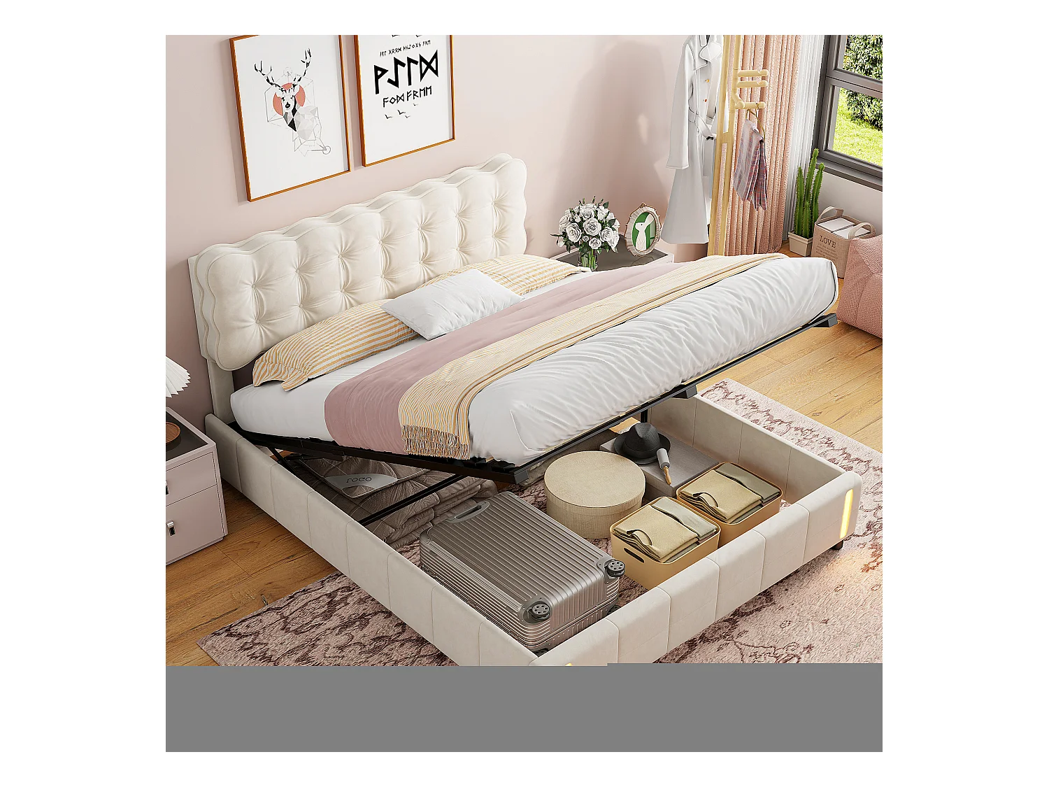 Lit Coffre 140x200 Cm Avec Rangement, Capitonné Velours Beige, Sommier LED, Lattes