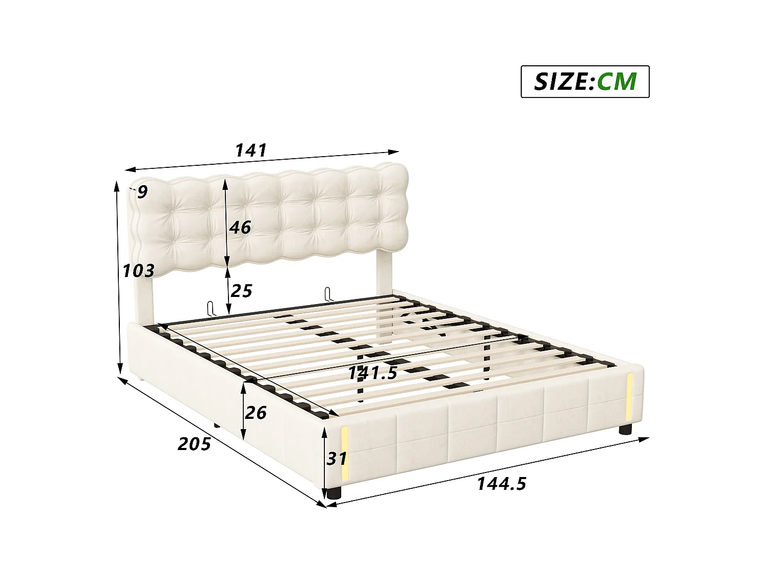 Lit Coffre 140x200 Cm Avec Rangement, Capitonné Velours Beige, Sommier LED, Lattes