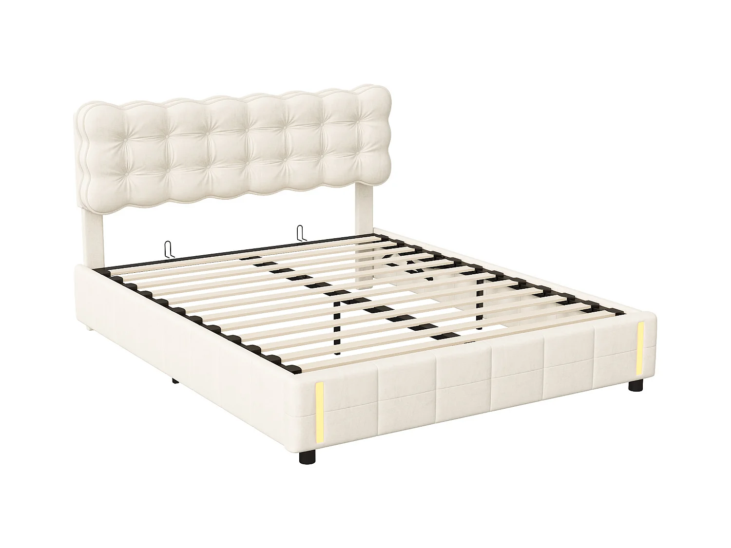 Lit Coffre 140x200 Cm Avec Rangement, Capitonné Velours Beige, Sommier LED, Lattes