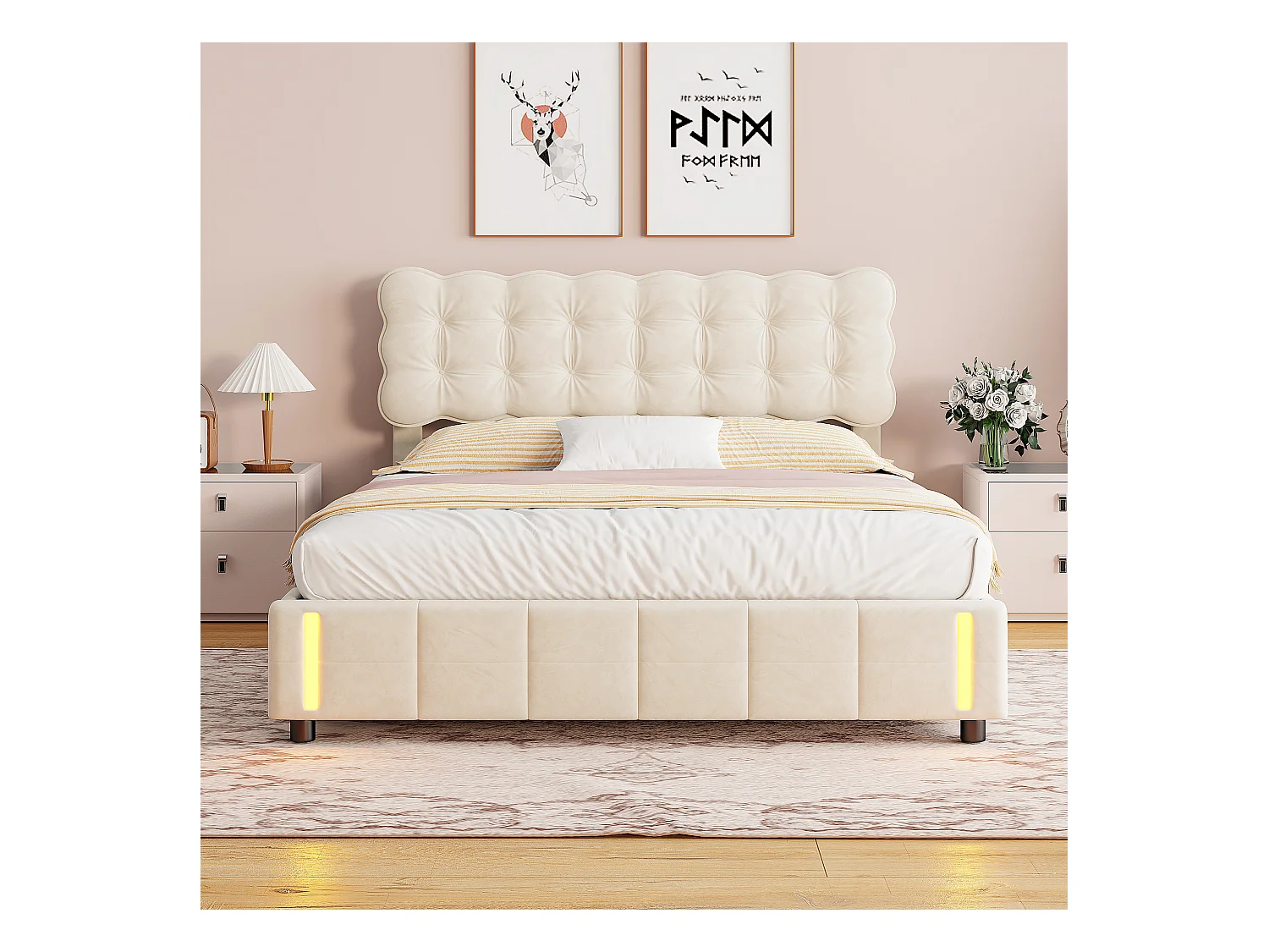 Lit Coffre 140x200 Cm Avec Rangement, Capitonné Velours Beige, Sommier LED, Lattes