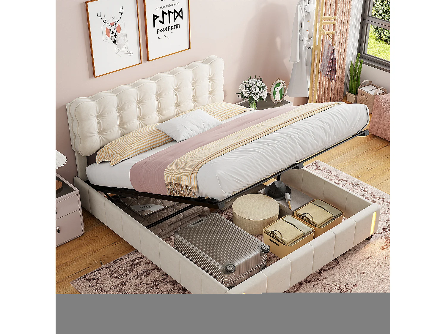 Lit Coffre 140x200 Cm Avec Rangement, Capitonné Velours Beige, Sommier LED, Lattes