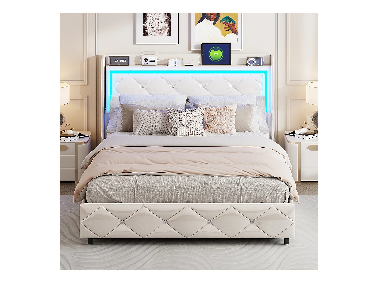Lit Rembourré 140x200cm Avec USB, Lit Double, Lit Rangement Avec LED,simili Cuir, Cadre De Lit,blanc