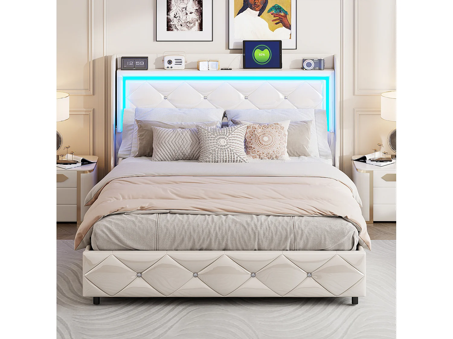 Lit Rembourré 140x200cm Avec USB, Lit Double, Lit Rangement Avec LED,simili Cuir, Cadre De Lit,blanc
