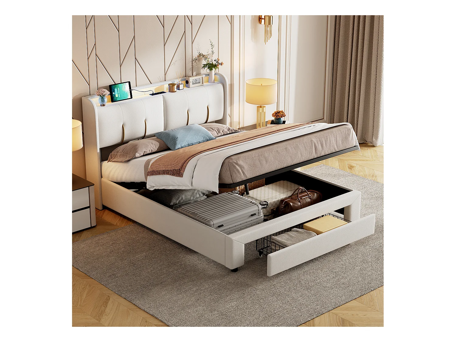 Lit Coffre 140x200 Cm Avec LED, 1 Tiroir, USB/type-c, Sommier à Lattes, Velours Blanc