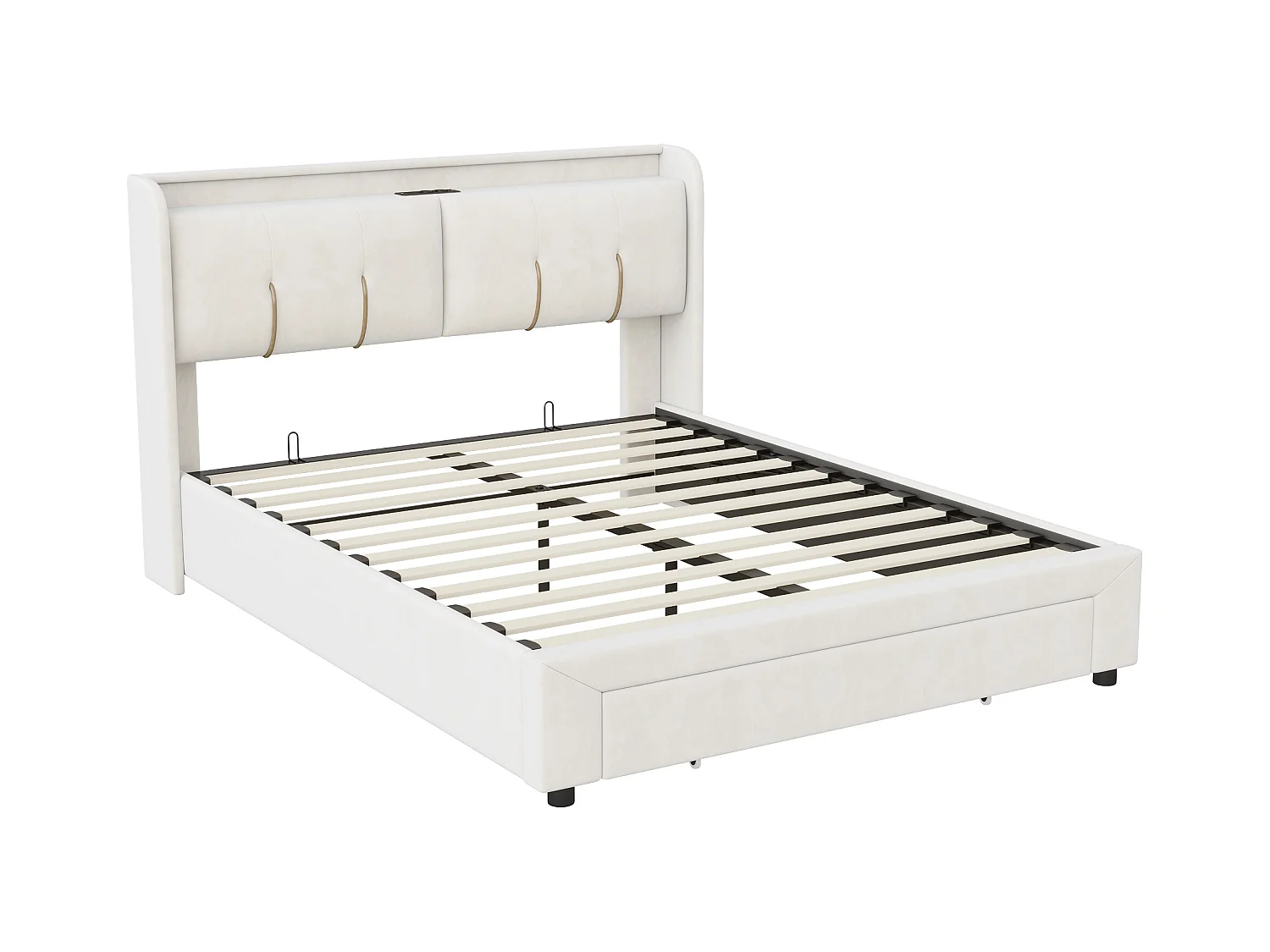 Lit Coffre 140x200 Cm Avec LED, 1 Tiroir, USB/type-c, Sommier à Lattes, Velours Blanc