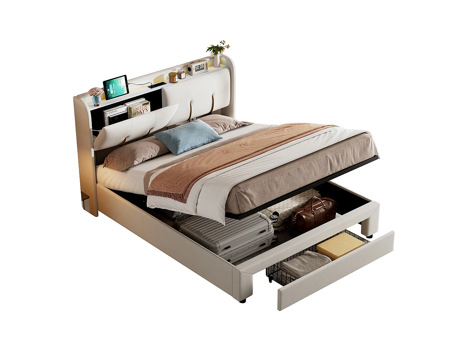 Lit Coffre 140x200 Cm Avec LED, 1 Tiroir, USB/type-c, Sommier à Lattes, Velours Blanc