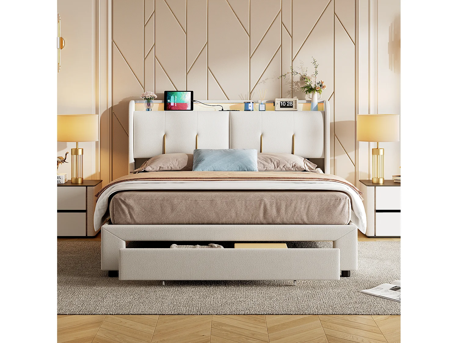 Stauraumbett 140x200 cm mit LED, 1 Schublade, USB/Typ-C, Lattenrost, weißer Samt