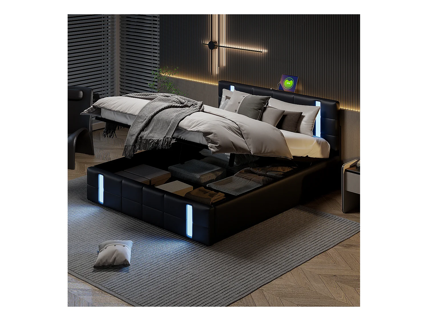Opbergbed 140x200 cm met USB en type-c, led, gestoffeerd bed met opbergruimte, hydraulisch bed, PU