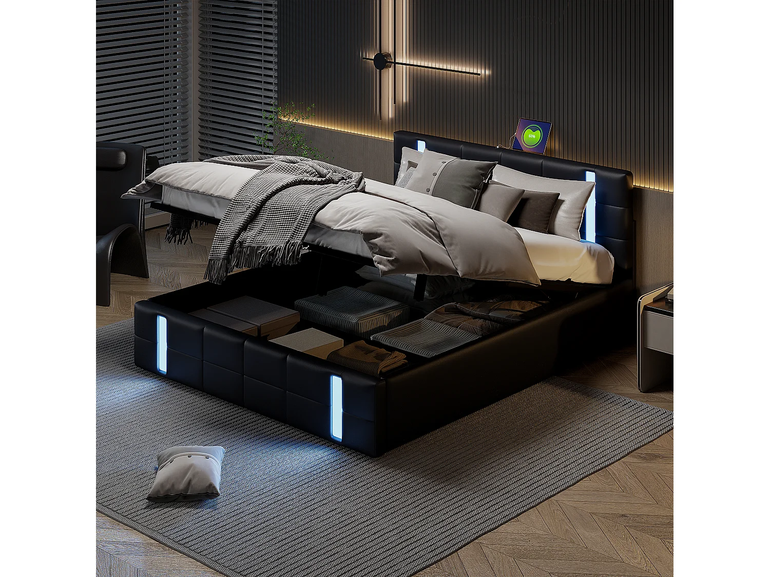 Lit Coffre 140x200 Cm Avec USB Et Type-c,led,lit Capitonné Avec Rangement,hydraulique Lit, Pu