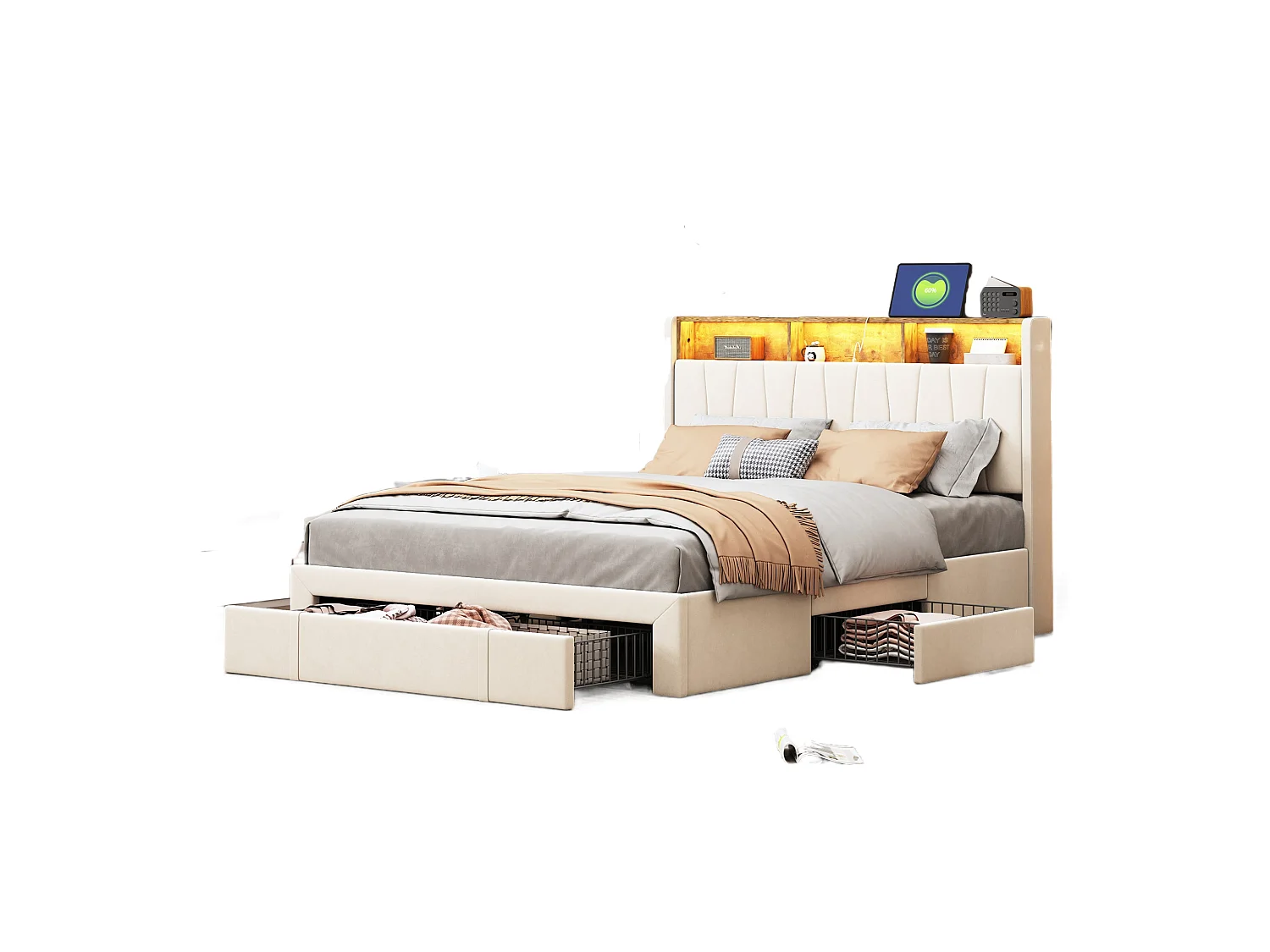 Cama de armazenamento 160x200 com USB e Tipo C, cama estofada com base de ripas e 4 gavetas, cama de casal