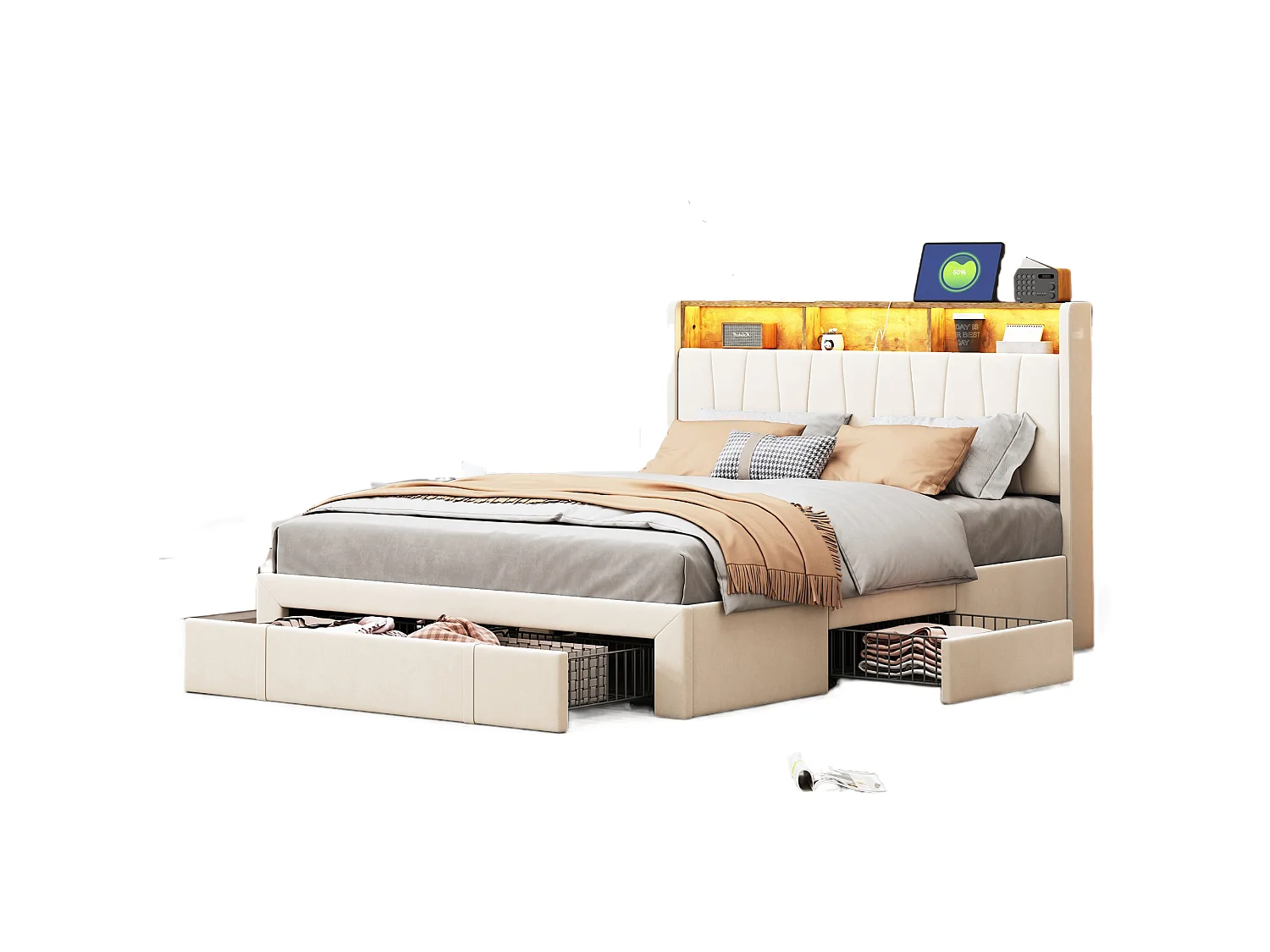 160x200 Opbergbed met USB en Type C, Gestoffeerd bed met lattenbodem en 4 lades, Tweepersoonsbed