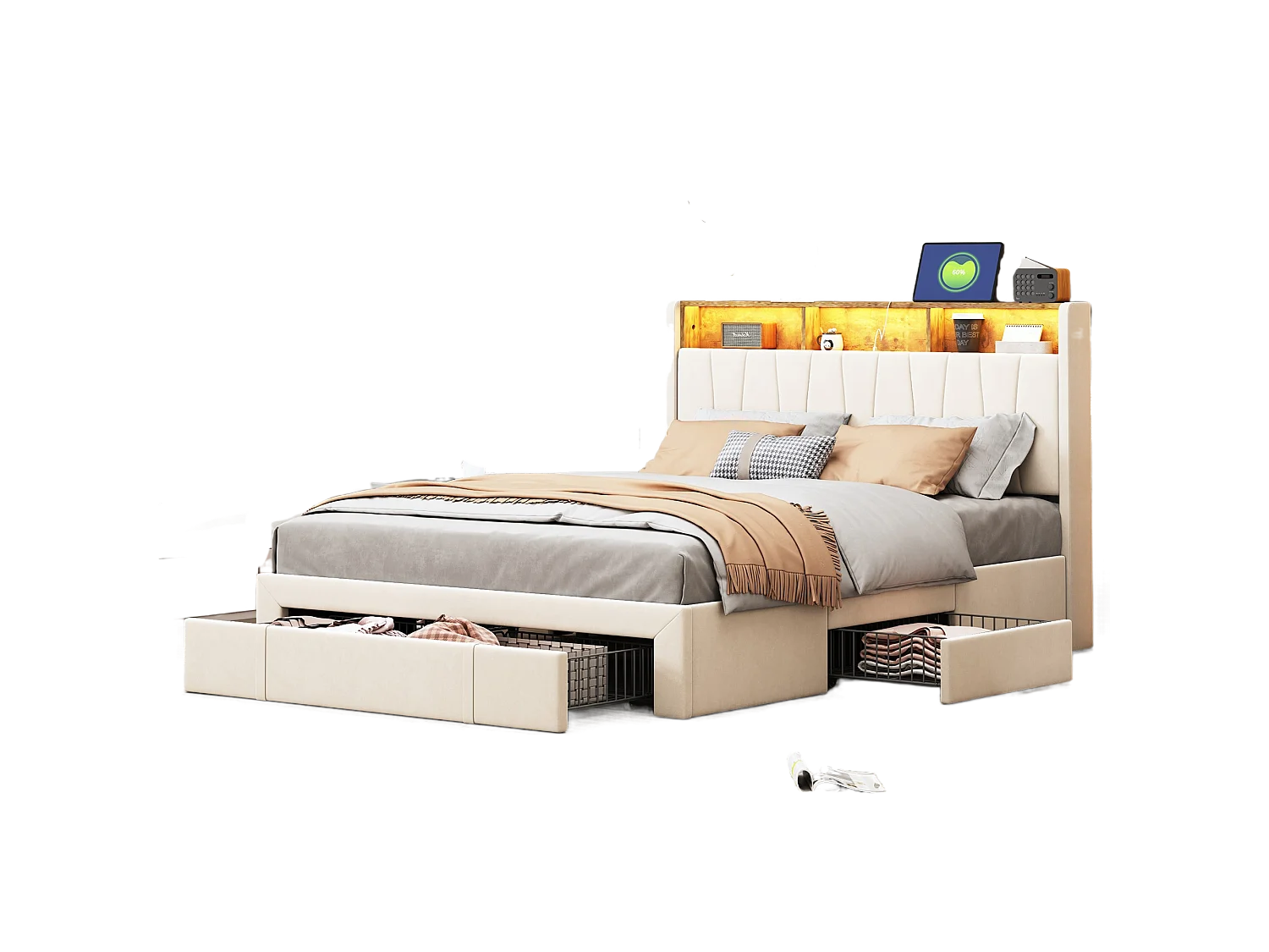 Lit Coffre 160x200 Avec USB Et Type C, Lit Capitonné Avec Sommier à Lattes Et 4 Tiroirs, Lit Double