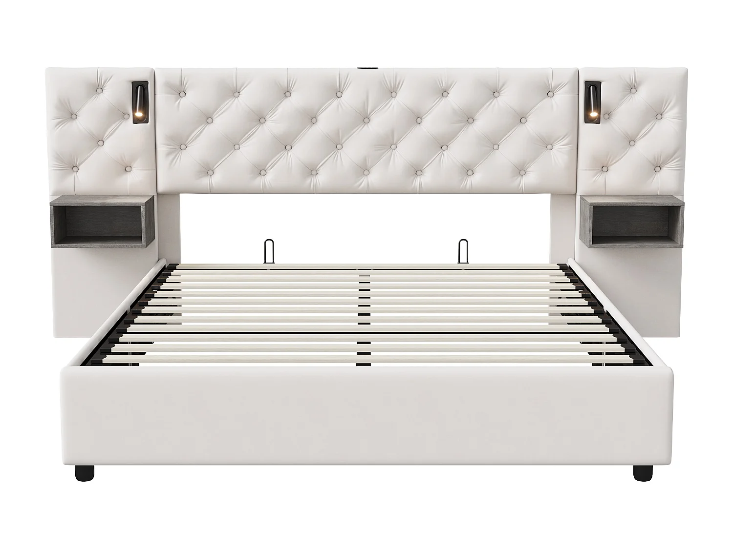 Lit Rembourré 140x200cm Avec USB Et Lampe De Lecture, Lit Double Avec Rangement, Velours, Beige