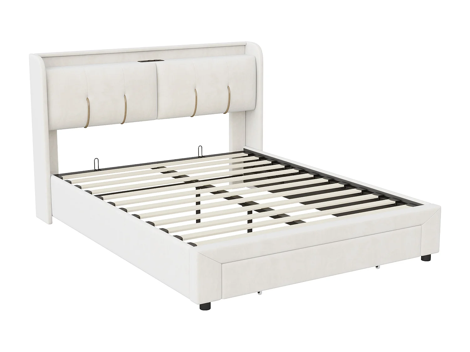 Lit Coffre 160x200 Cm Avec LED, 1 Tiroir, USB/type-c, Sommier à Lattes, Velours Blanc