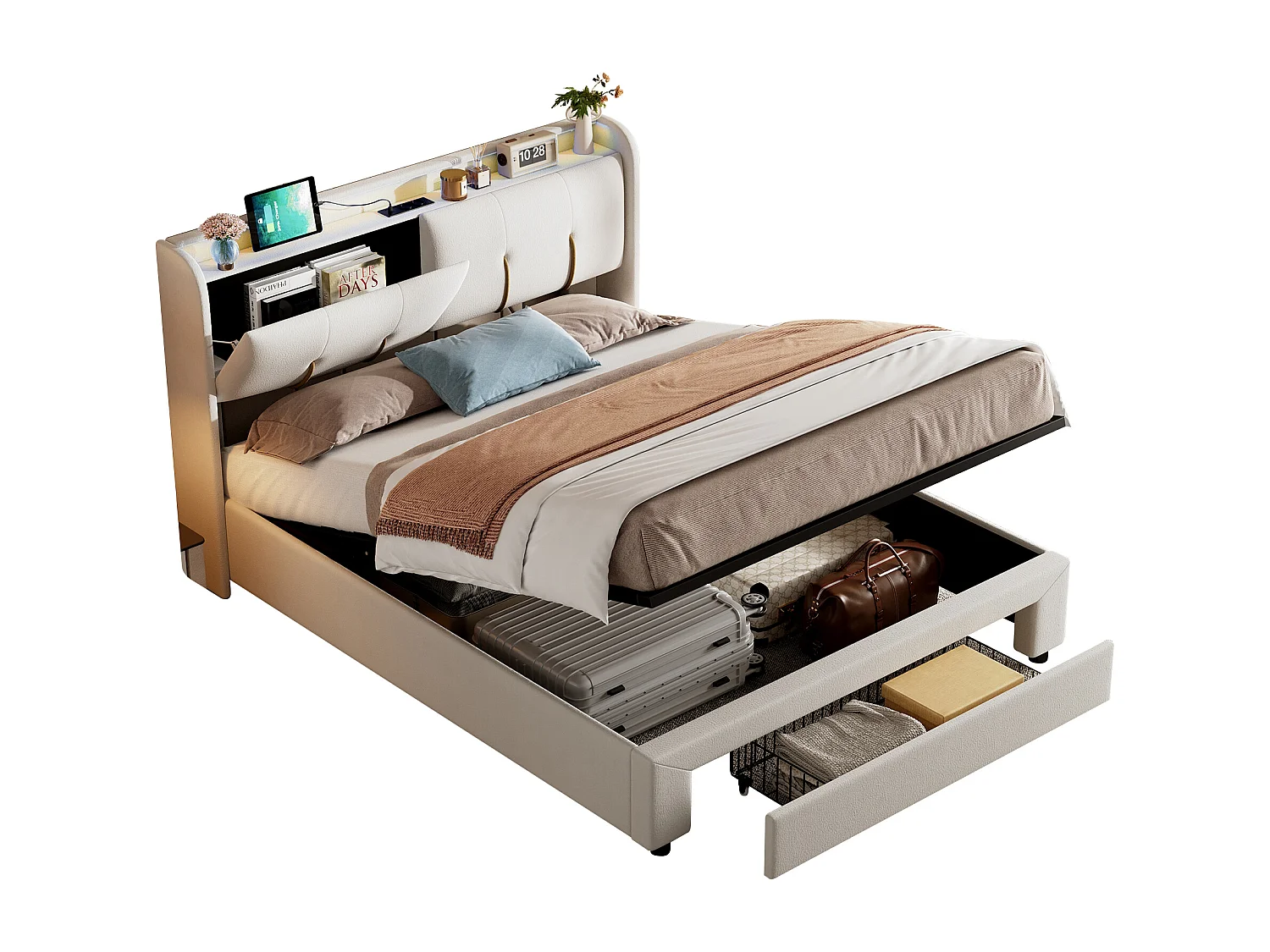 Lit Coffre 160x200 Cm Avec LED, 1 Tiroir, USB/type-c, Sommier à Lattes, Velours Blanc