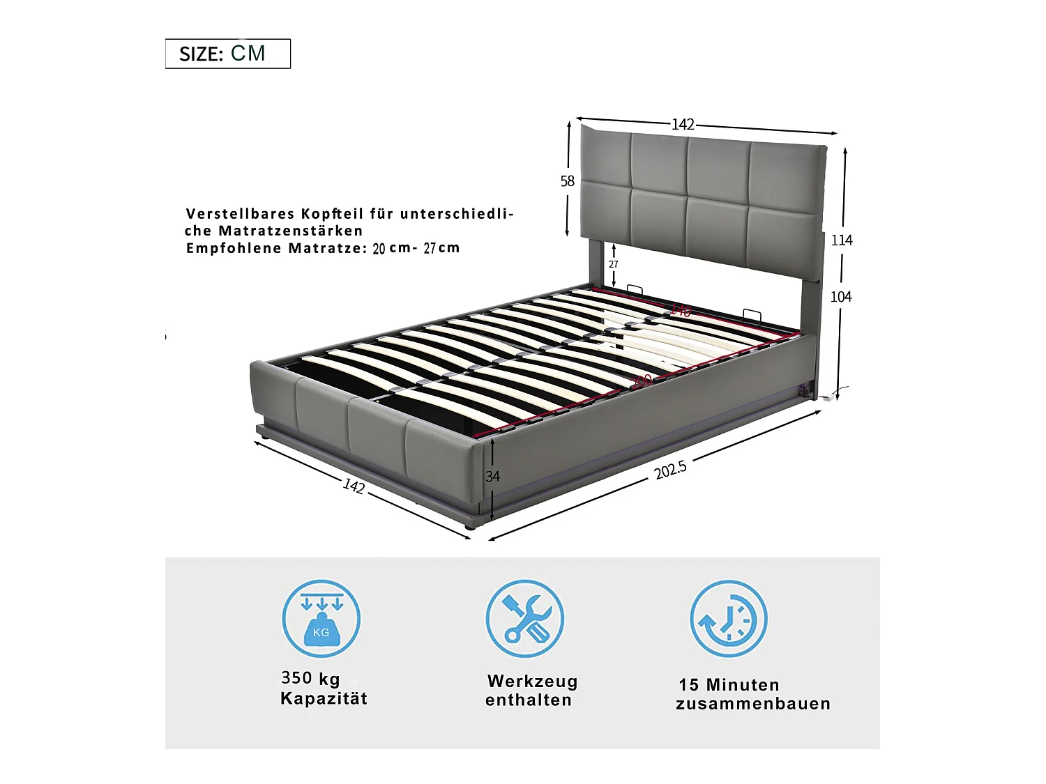 Cama de armazenamento 140x200 com LED e cabeceira, cama estofada com base de ripas, cama de casal, cinza