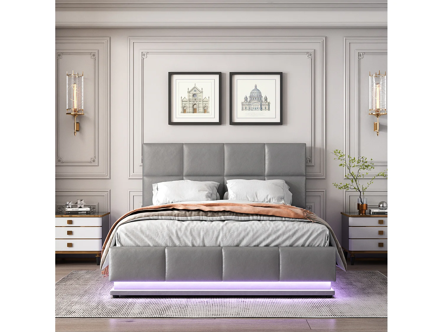 Lit Coffre 140x200 Avec LED Et Tête De Lit, Lit Capitonné Avec Sommier à Lattes, Lit Double, Gris