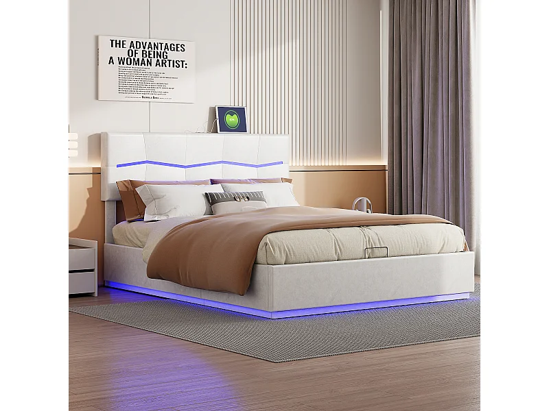 Stauraumbett 160x200 cm mit LED und USB, Doppelbett mit großem Stauraum, PU, Weiß