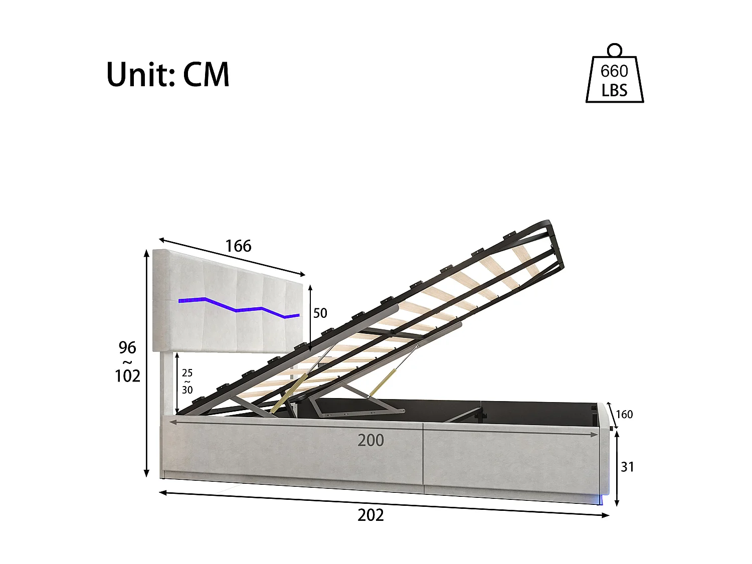 Stauraumbett 160x200 cm mit LED und USB, Doppelbett mit großem Stauraum, PU, Weiß