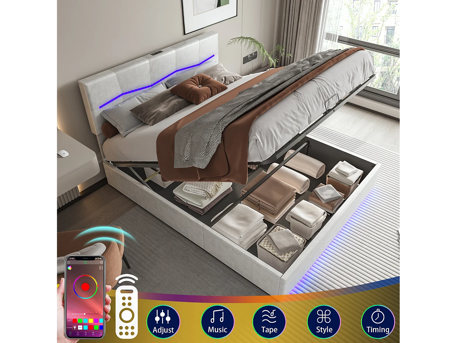 Stauraumbett 160x200 cm mit LED und USB, Doppelbett mit großem Stauraum, PU, Weiß