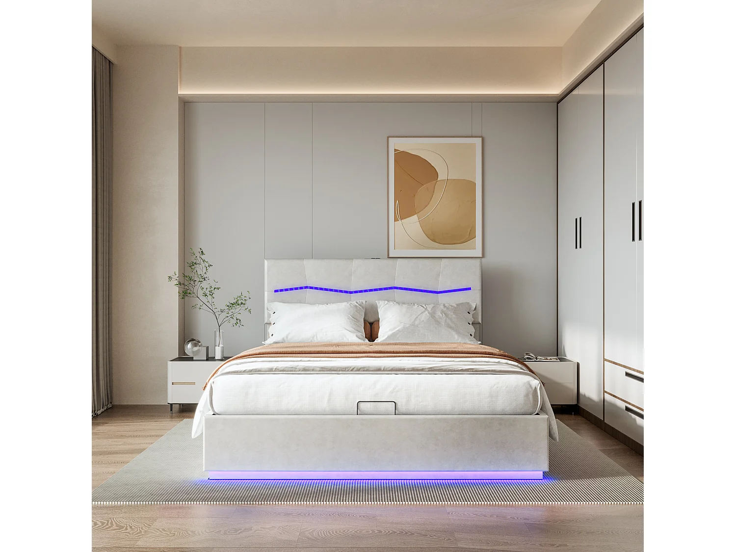 Lit Coffre 160x200 Cm Avec LED Et USB, Lit Double Avec Grand Rangement, Pu, Blanc