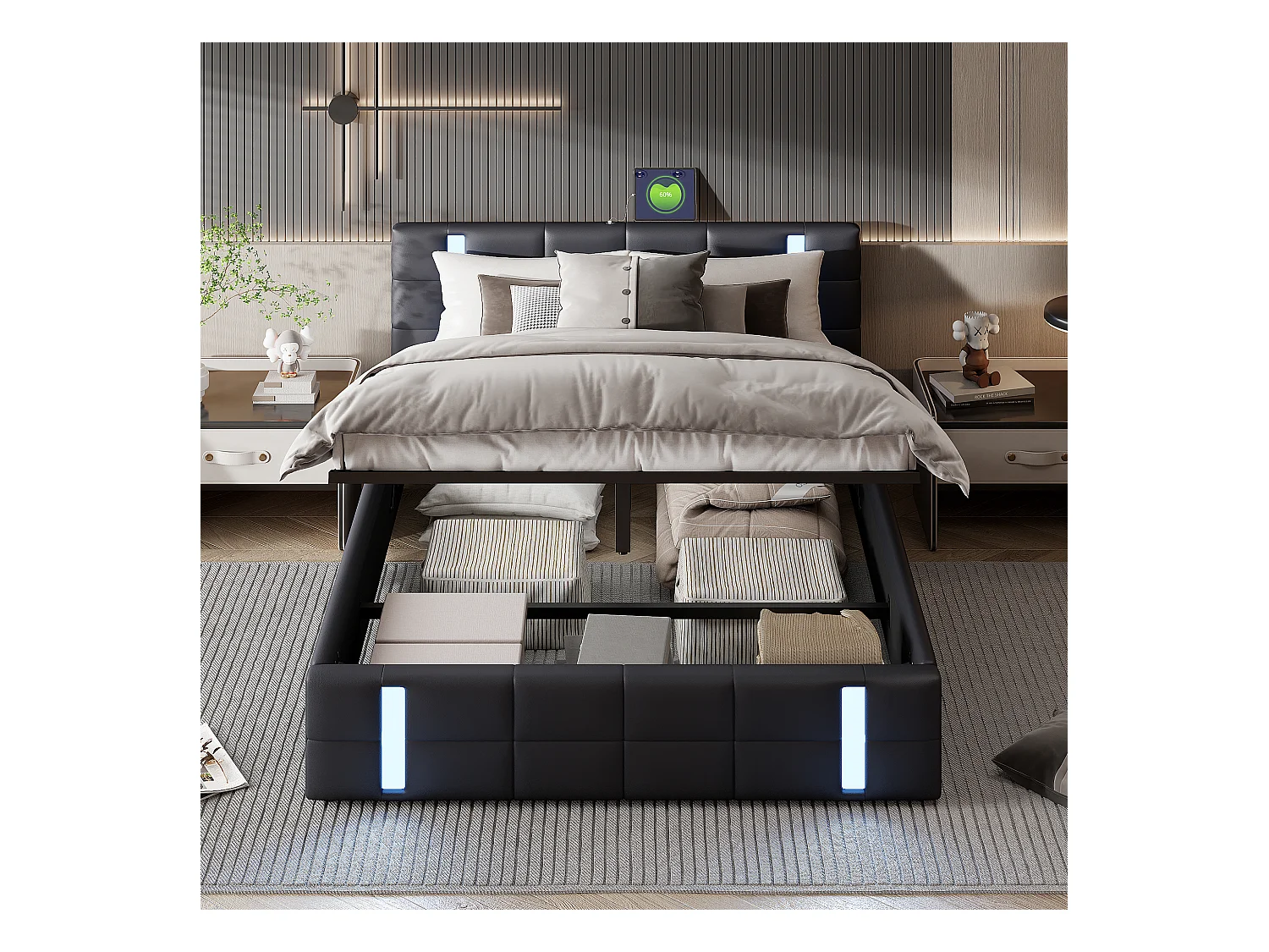 Lit Coffre 160x200 Cm Avec USB Et Type-c,led,lit Capitonné Avec Rangement,hydraulique Lit, Pu