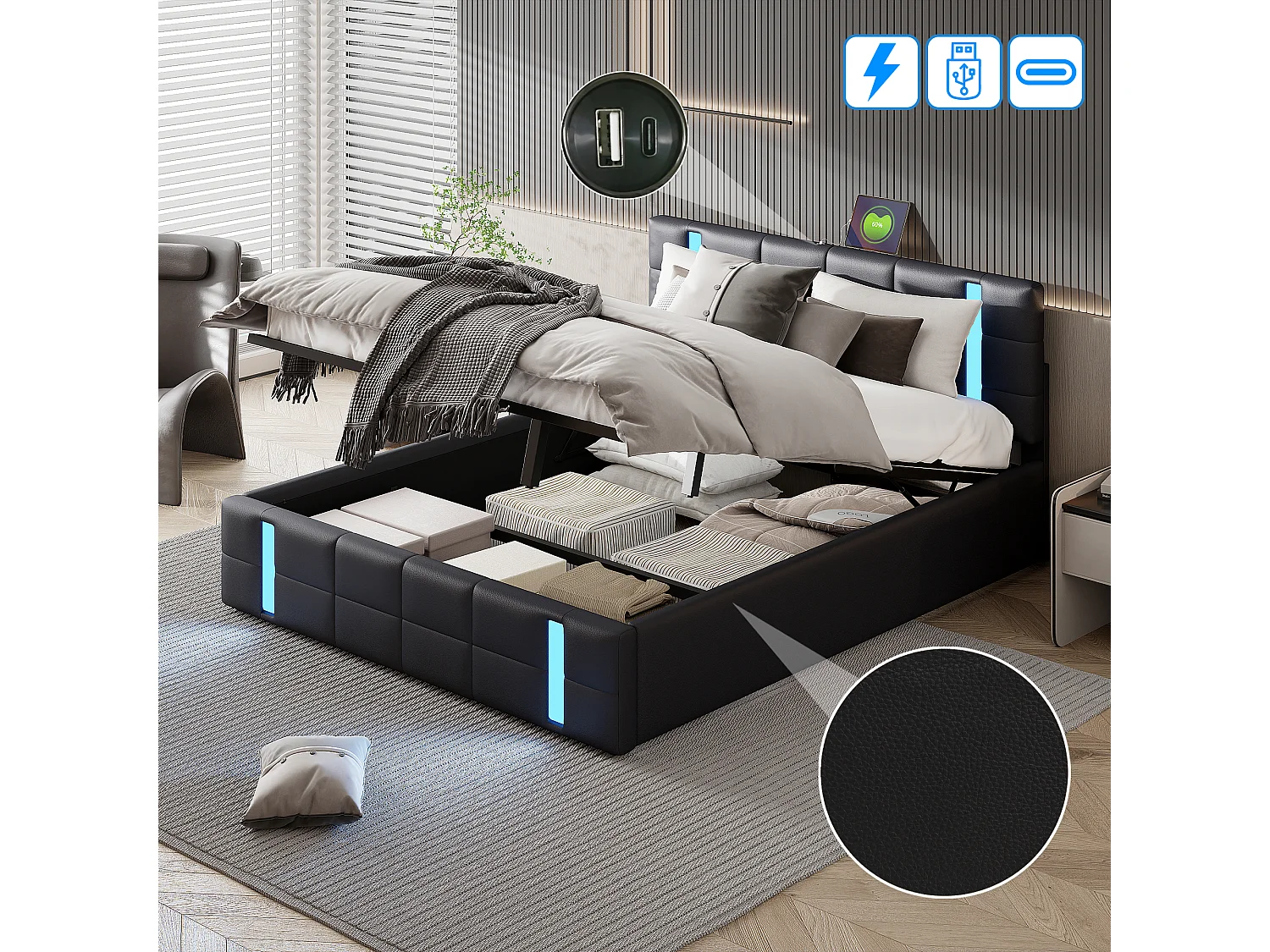 Lit Coffre 160x200 Cm Avec USB Et Type-c,led,lit Capitonné Avec Rangement,hydraulique Lit, Pu