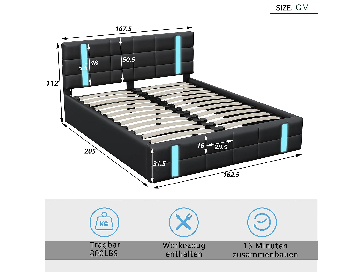 Lit Coffre 160x200 Cm Avec USB Et Type-c,led,lit Capitonné Avec Rangement,hydraulique Lit, Pu