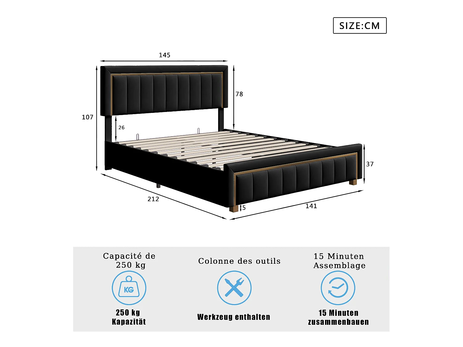 Lit Coffre 140x200 Avec Tête De Lit, Lit Capitonné Avec Sommier à Lattes, Lit Double, Noir