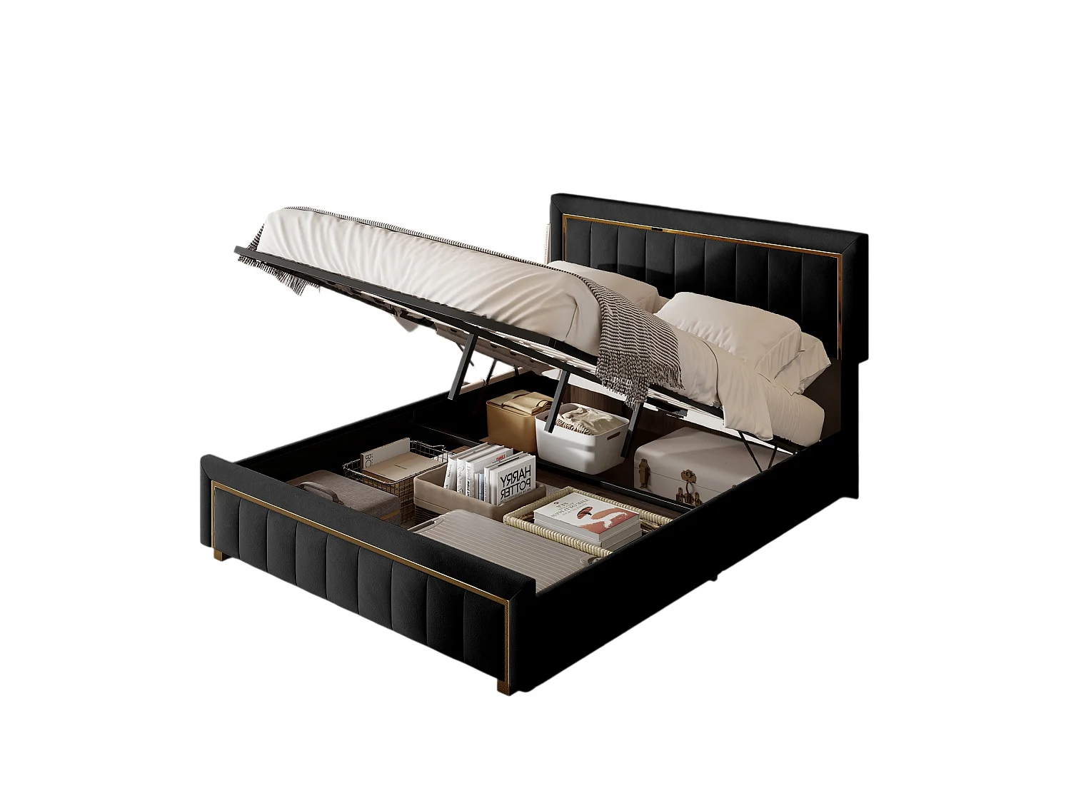 Lit Coffre 140x200 Avec Tête De Lit, Lit Capitonné Avec Sommier à Lattes, Lit Double, Noir