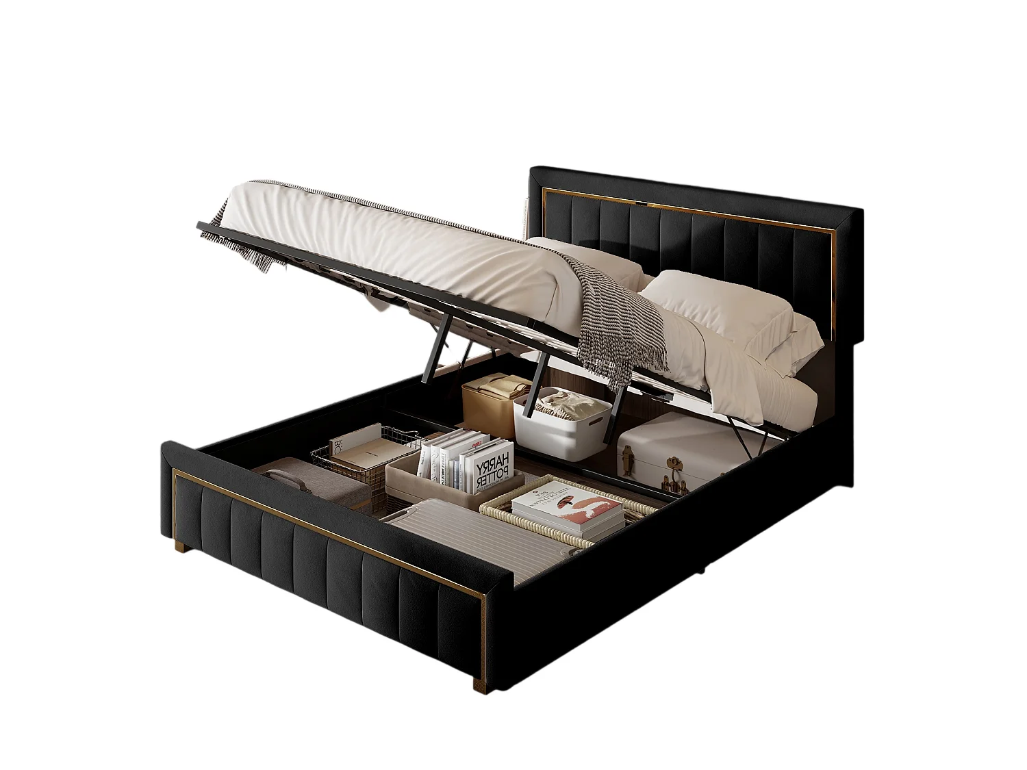 Letto contenitore 140x200 con testiera, letto imbottito con rete a doghe, letto matrimoniale, nero