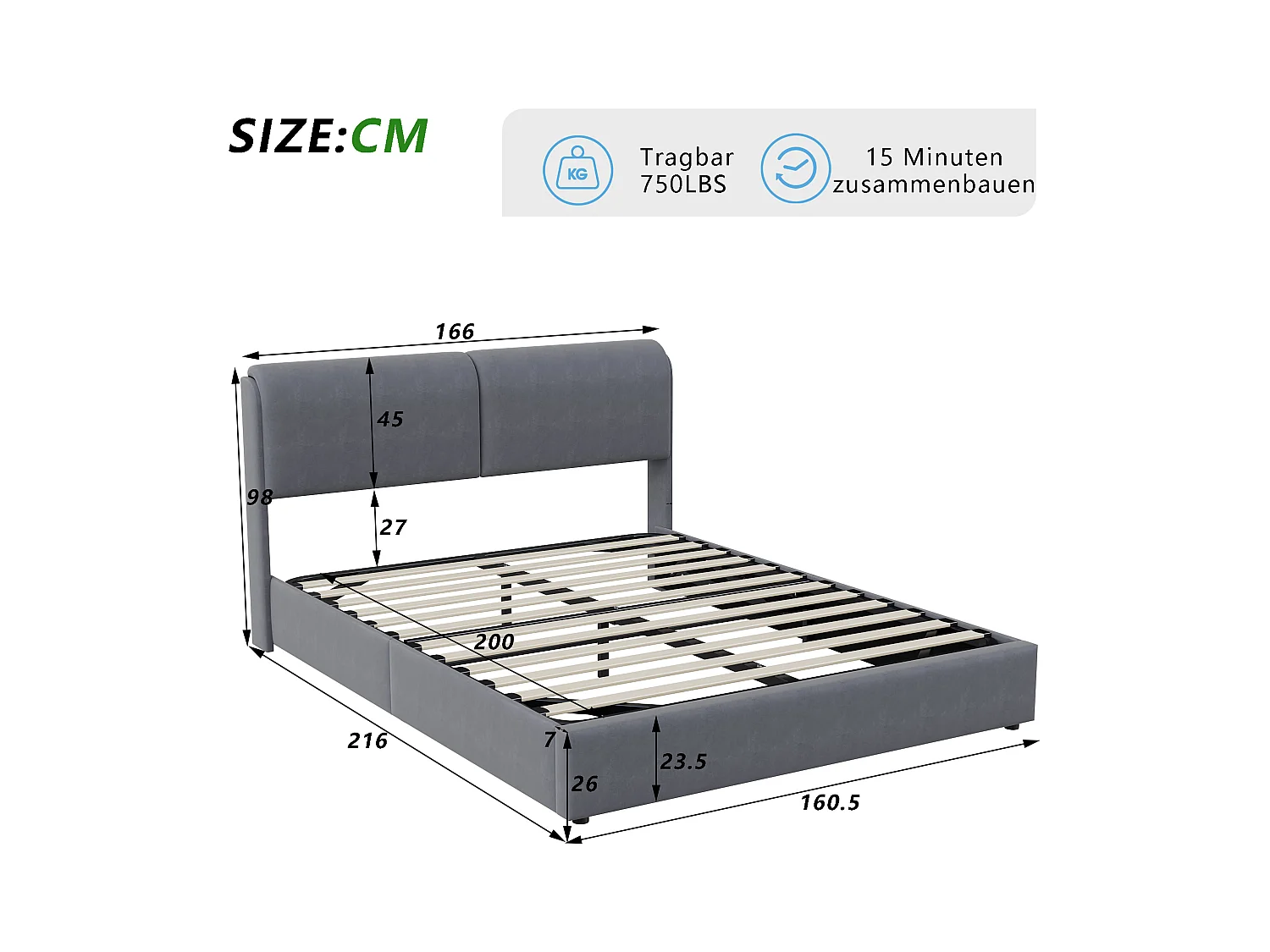 Stauraumbett 160x200cm, Samt Doppelbett mit Stauraumbox, LED, Grau