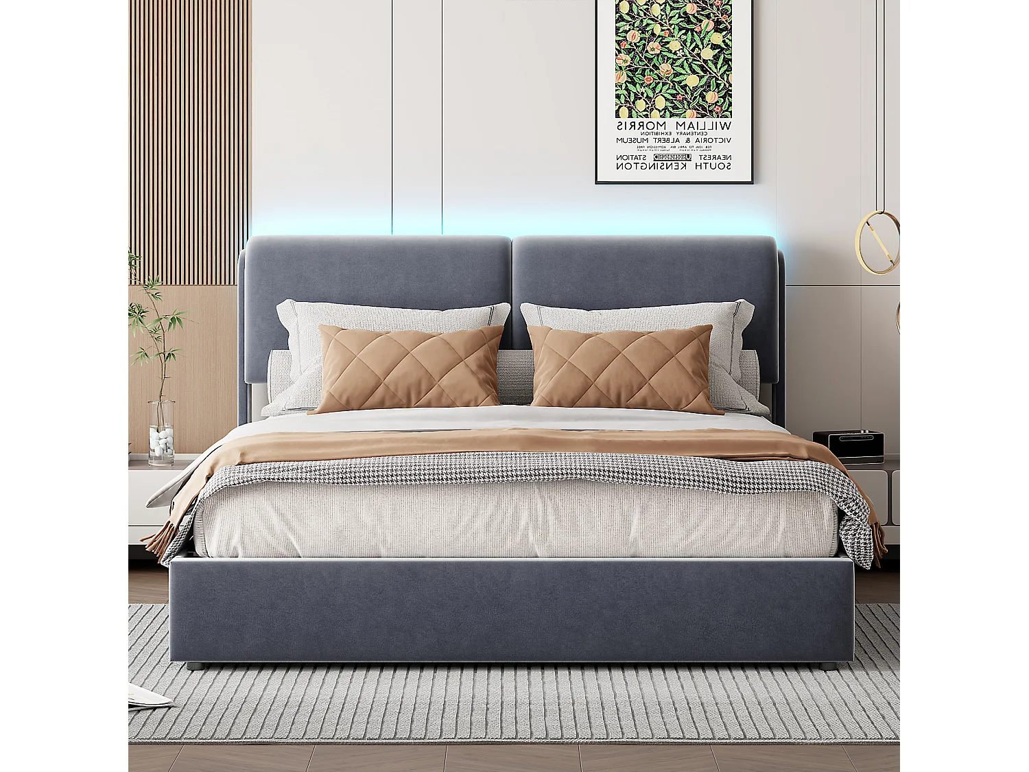 Letto contenitore 160x200cm, letto matrimoniale in velluto con contenitore, LED, grigio