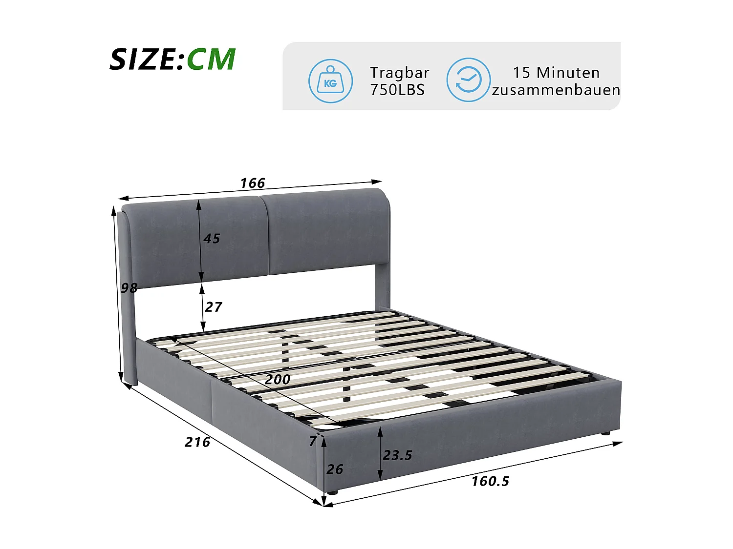 Letto contenitore 160x200cm, letto matrimoniale in velluto con contenitore, LED, grigio