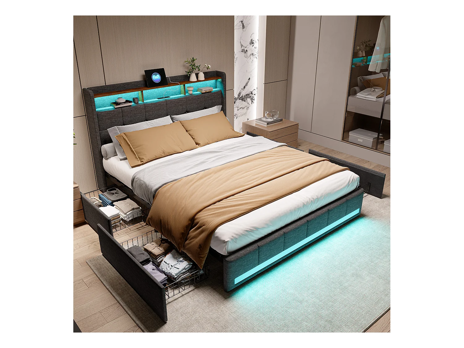Lit 140x200 Sommier LED Et 2 USB, Type-c, Lit Capitonné Lit Double Avec 4 Tiroirs, Lin, Gris