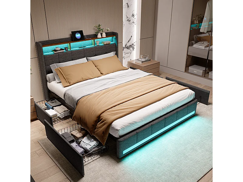 Base letto 140x200 LED e 2 USB, Tipo-C, Letto imbottito matrimoniale con 4 cassetti, Lino, Grigio