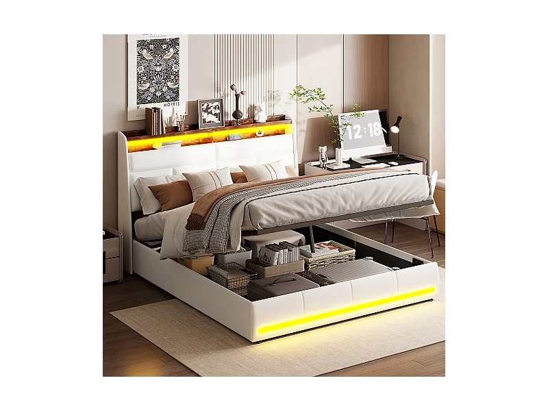 140x200 Stauraumbett mit Lattenrost und USB, LED, Bettgestell mit Stauraum und Kopfteil, Weiß